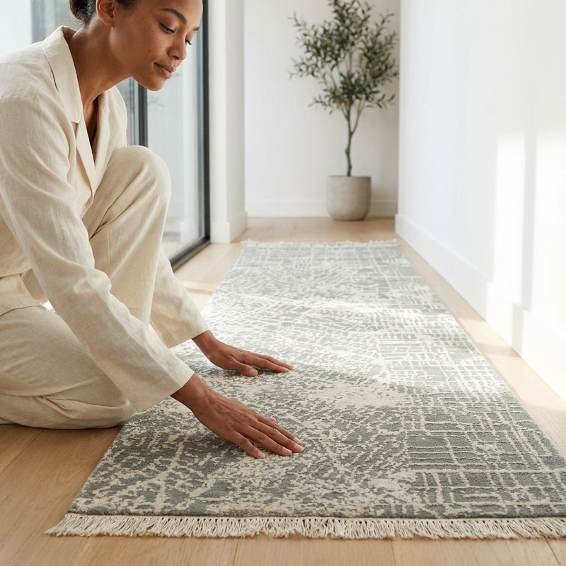 Wool Bamboo Silk Contemporary Rug – Handwoven Grey & Ivory Textured Design (2x3 ft)