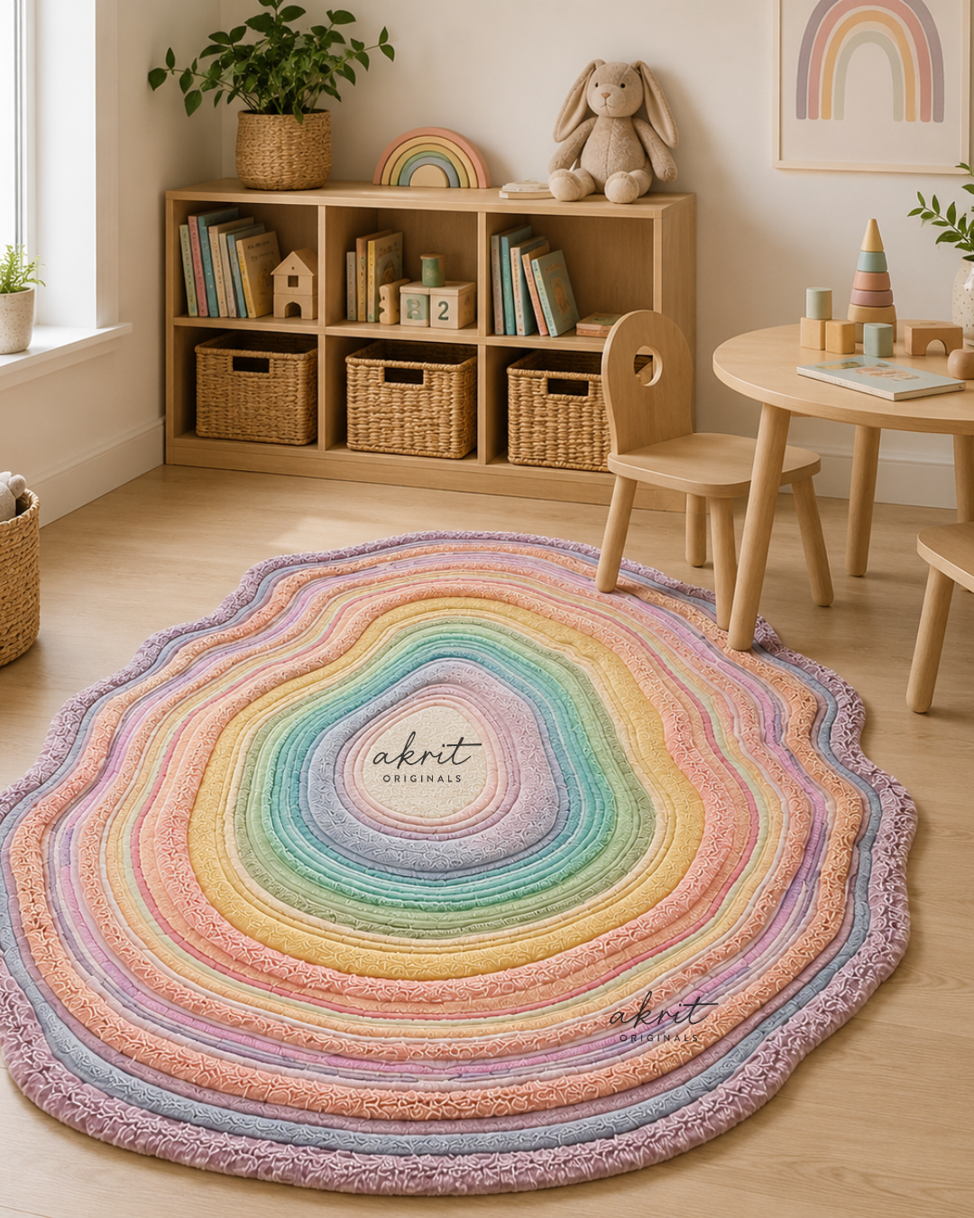 Pastel Rainbow Abstract Wool Rug | Hand Tufted Carpet | Colorful Kids Room & Nursery Decor