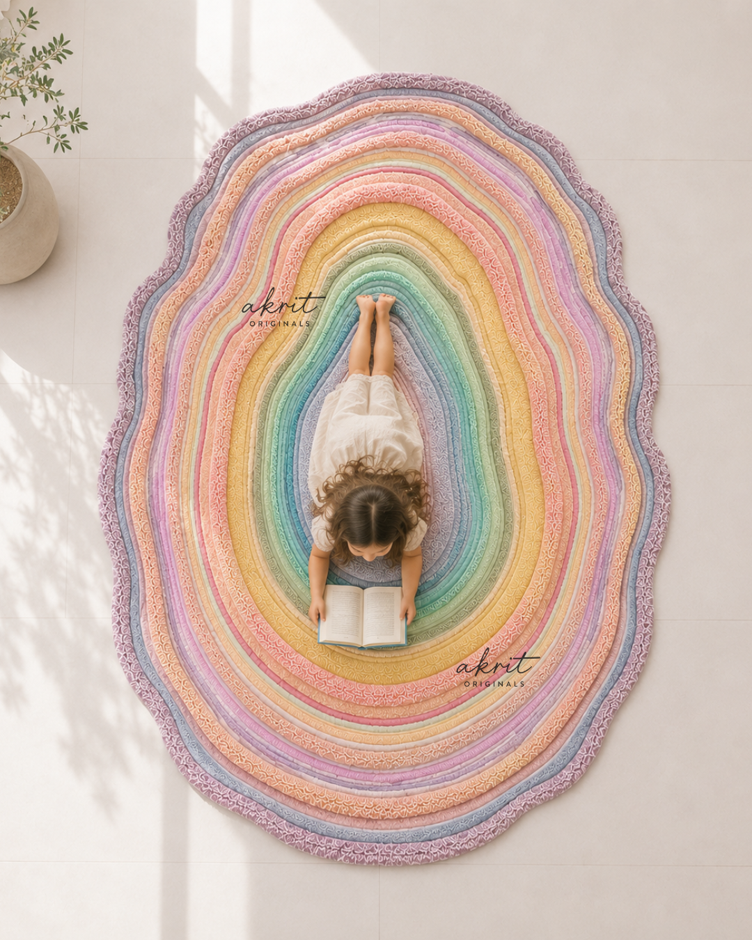 Pastel Rainbow Abstract Wool Rug | Hand Tufted Carpet | Colorful Kids Room & Nursery Decor