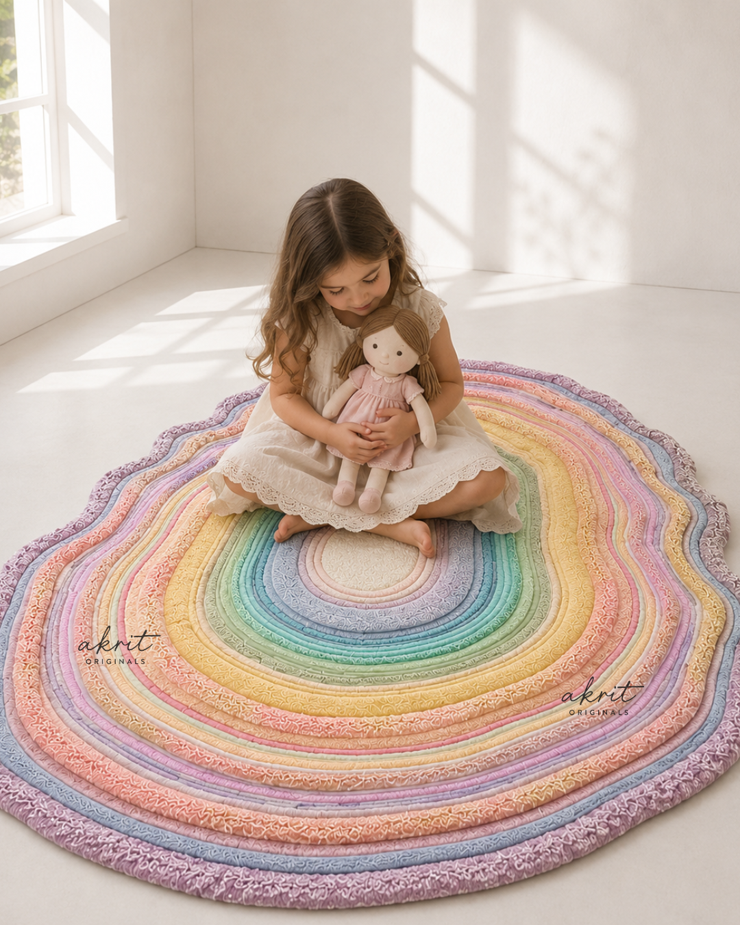 Pastel Rainbow Abstract Wool Rug | Hand Tufted Carpet | Colorful Kids Room & Nursery Decor