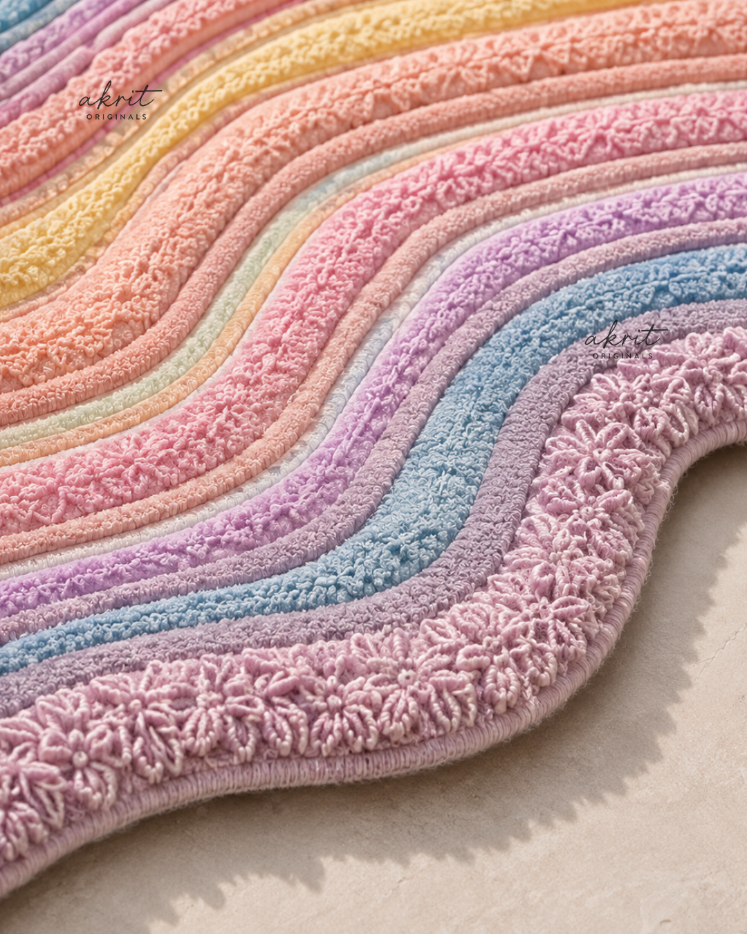 Pastel Rainbow Abstract Wool Rug | Hand Tufted Carpet | Colorful Kids Room & Nursery Decor