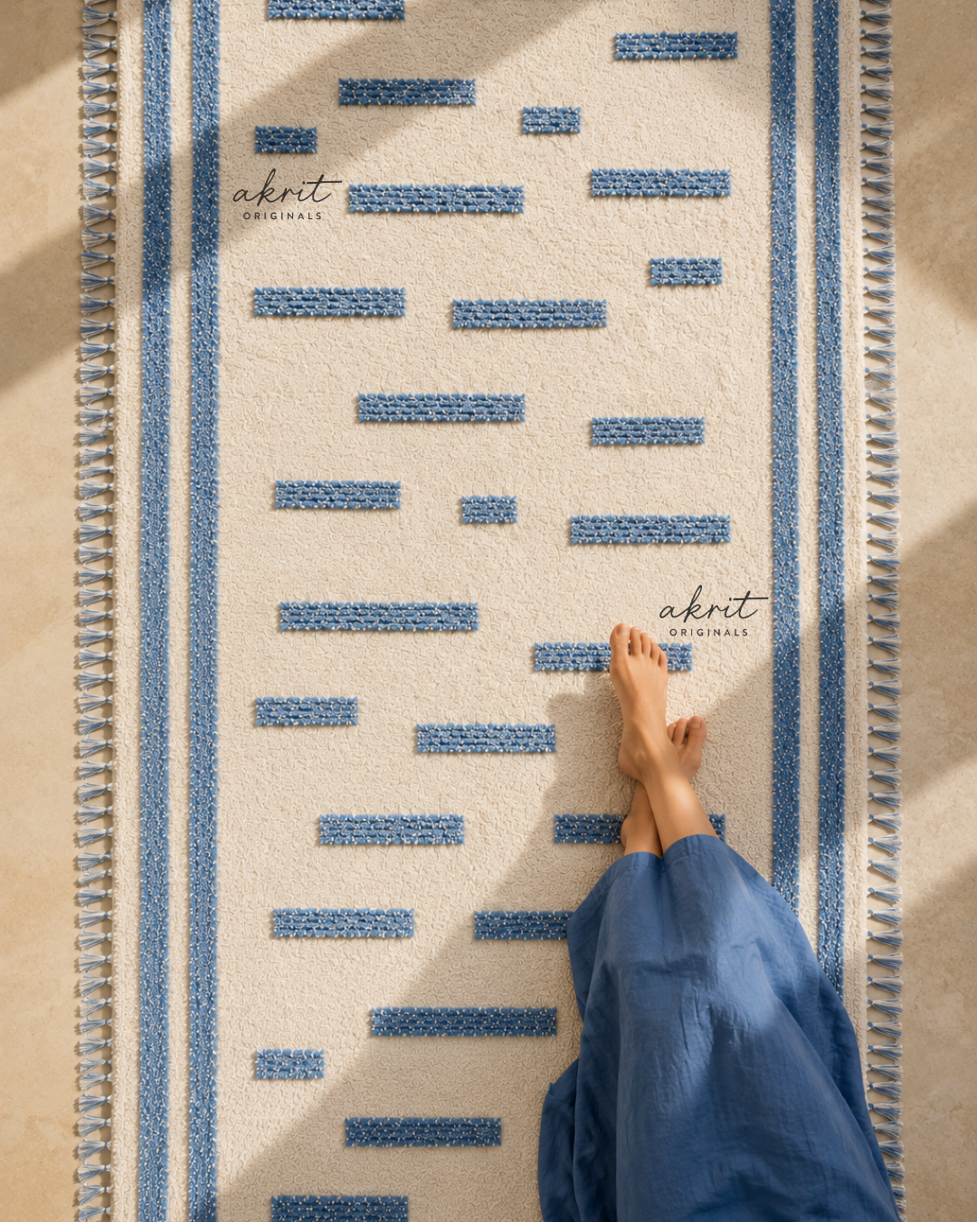 Textured Blue Boho Minimalist Rug | Handmade Statement Carpet