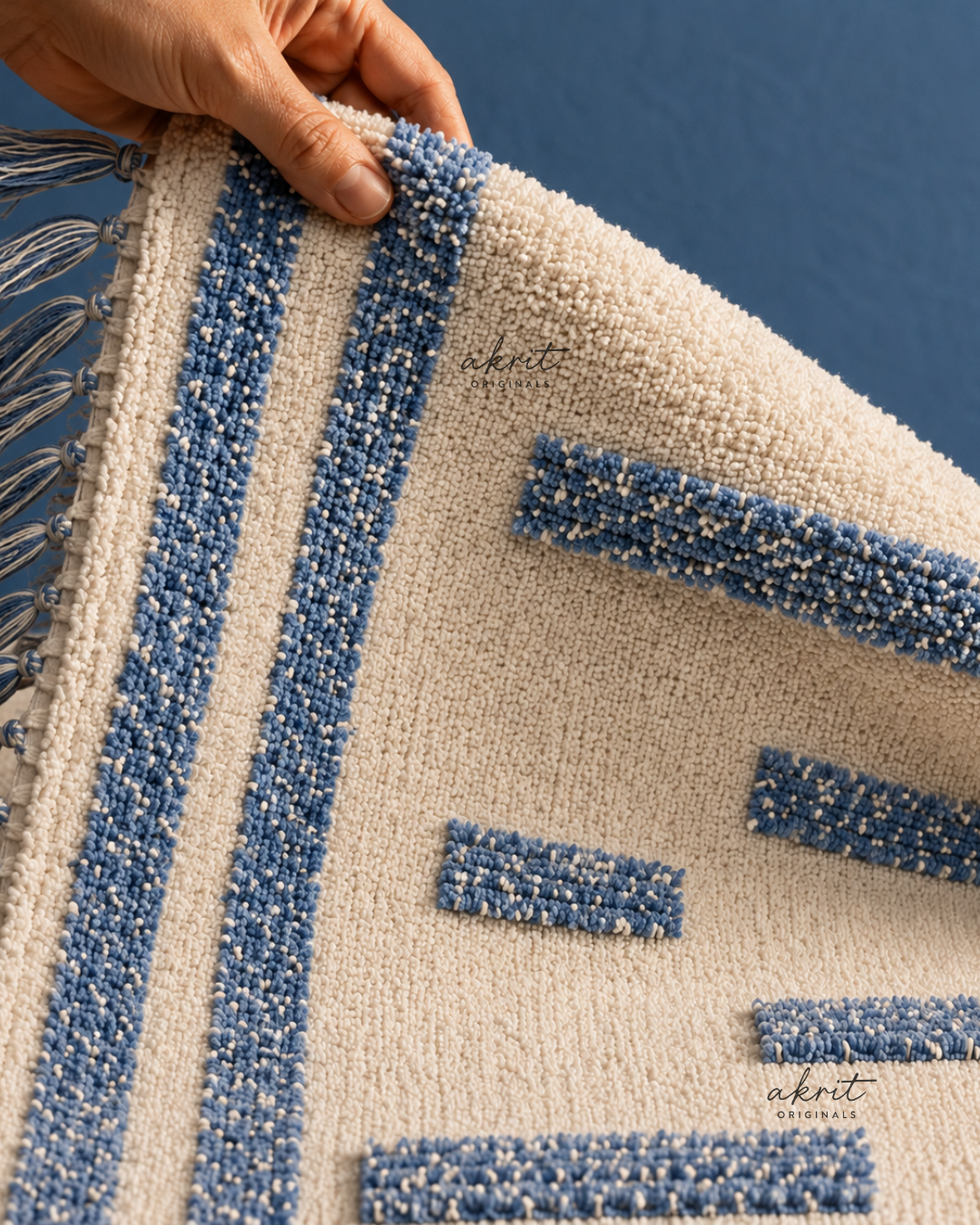 Textured Blue Boho Minimalist Rug | Handmade Statement Carpet