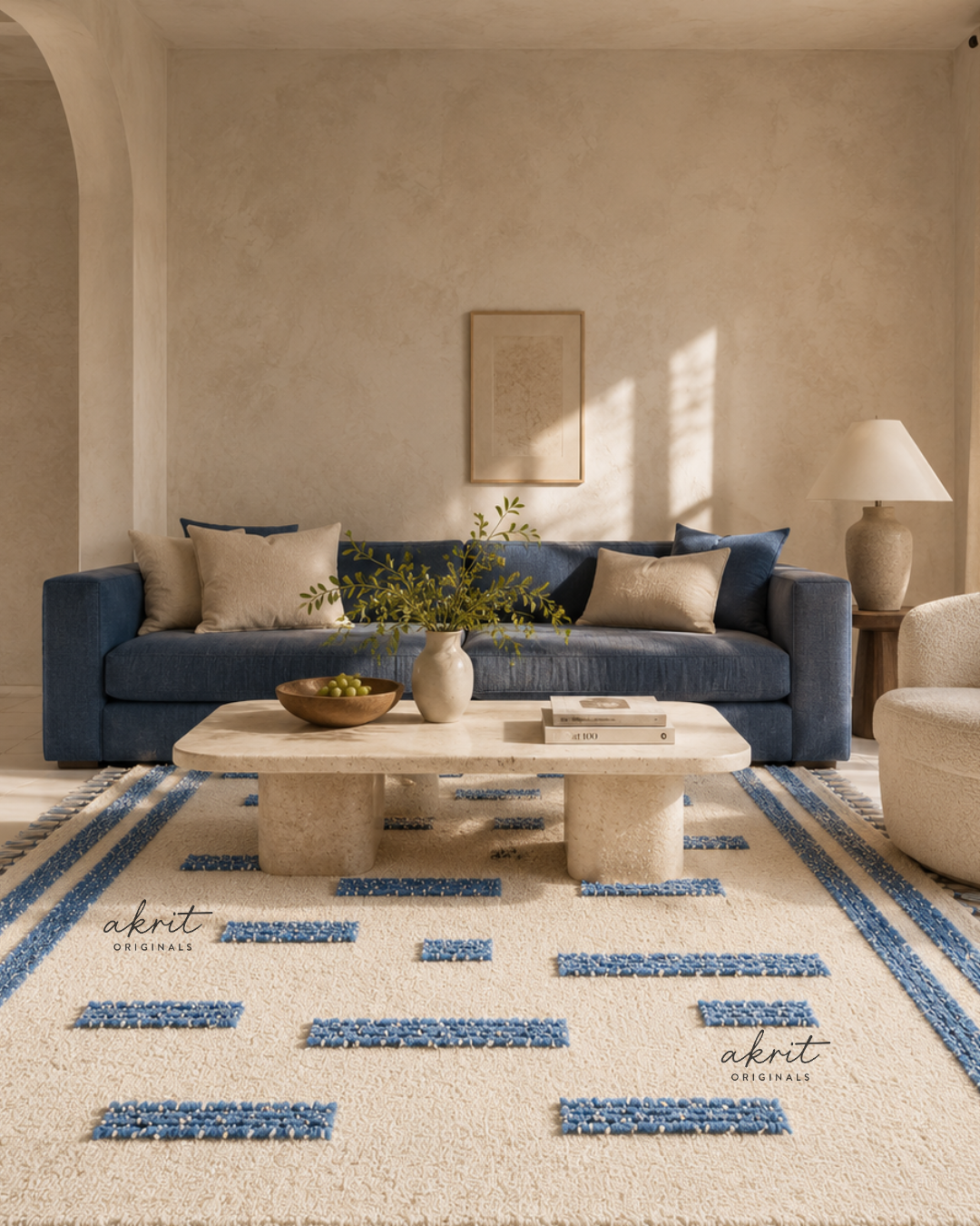 Textured Blue Boho Minimalist Rug | Handmade Statement Carpet