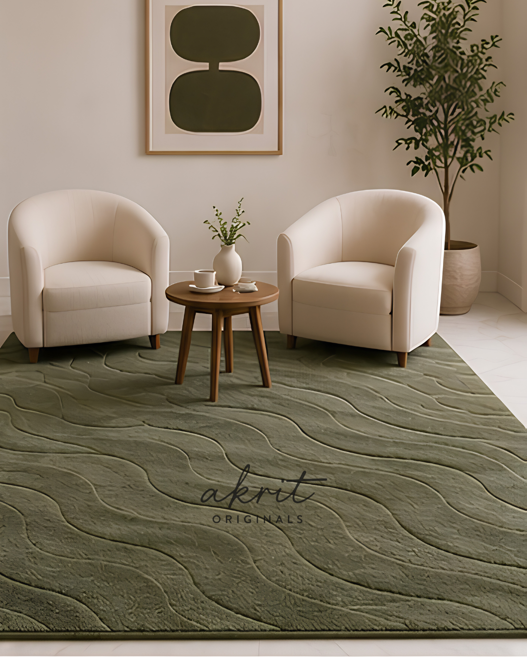 Green Hand Tufted Wool Rug | Modern Abstract Area Carpet | Luxury Minimalist |