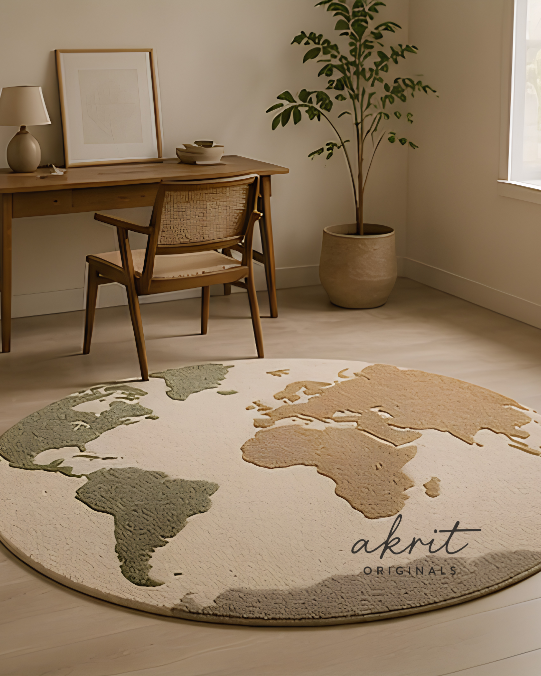 World Map Circular Handmade Wool Rug