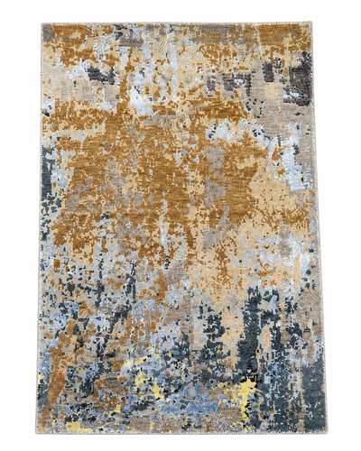Modern Abstract Area Rug 2.6 x 4 ft – Premium Soft Carpet with Grey, Gold & Blue Artistic Design | Decorative Rug for Living Room, Bedroom & Office