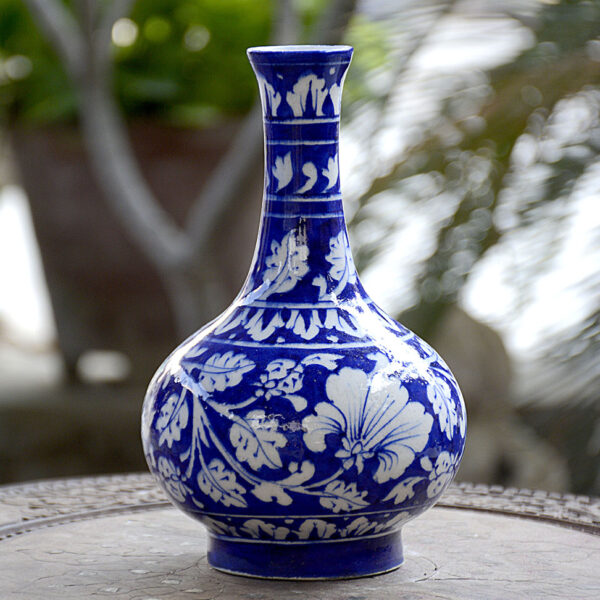 Blue Pottery Blue & White Floral Surahi Vase – 8 Inch