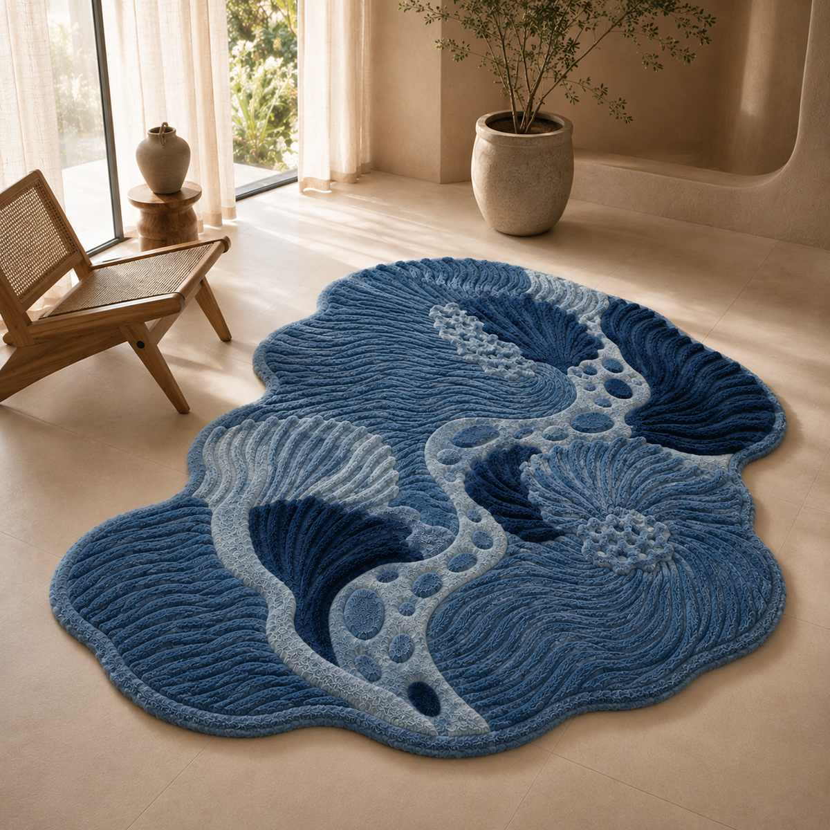 Hand-Tufted Blue Abstract Wool Rug – Sculptural Ocean-Inspired Area Rug, Modern Tufted Statement Rug, Contemporary Organic Shape Rug