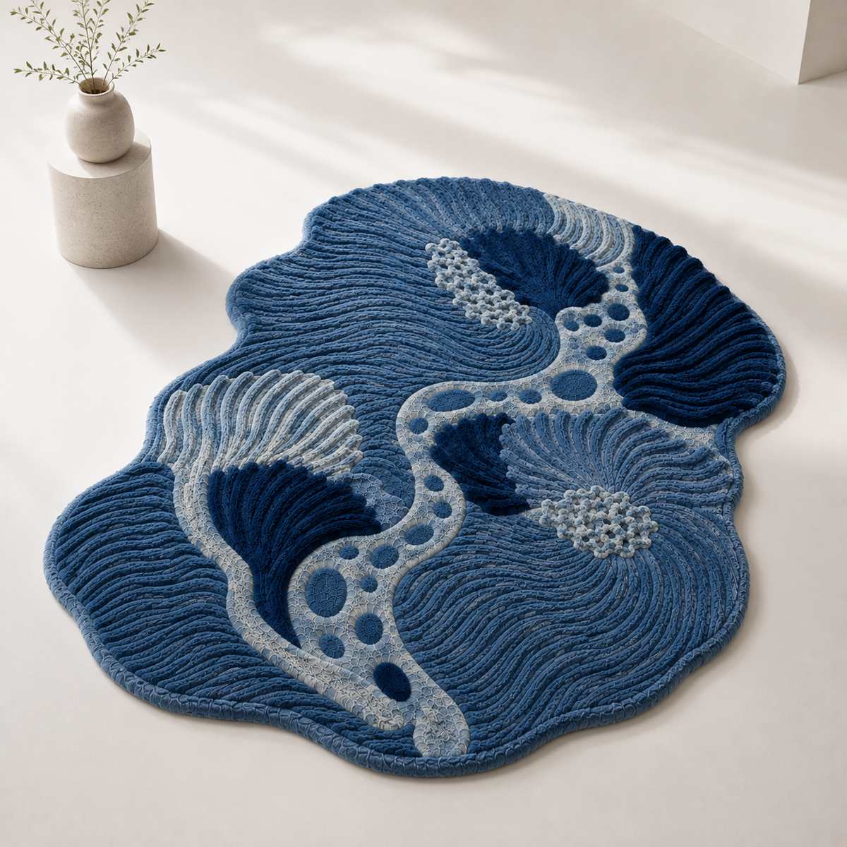 Hand-Tufted Blue Abstract Wool Rug – Sculptural Ocean-Inspired Area Rug, Modern Tufted Statement Rug, Contemporary Organic Shape Rug
