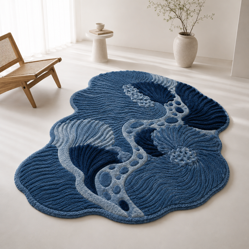 Hand-Tufted Blue Abstract Wool Rug – Sculptural Ocean-Inspired Area Rug, Modern Tufted Statement Rug, Contemporary Organic Shape Rug