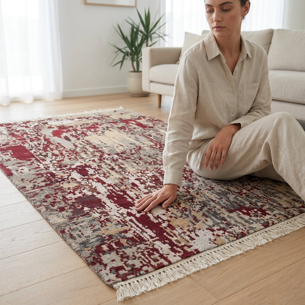 Wool Bamboo Silk Abstract Rug – Handwoven Textured Finish in Rust & Neutral Tones (2x3 ft)