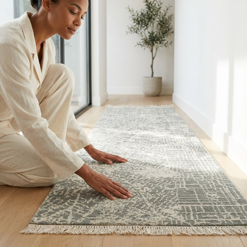 Wool Bamboo Silk Contemporary Rug – Handwoven Grey & Ivory Textured Design (2x3 ft)