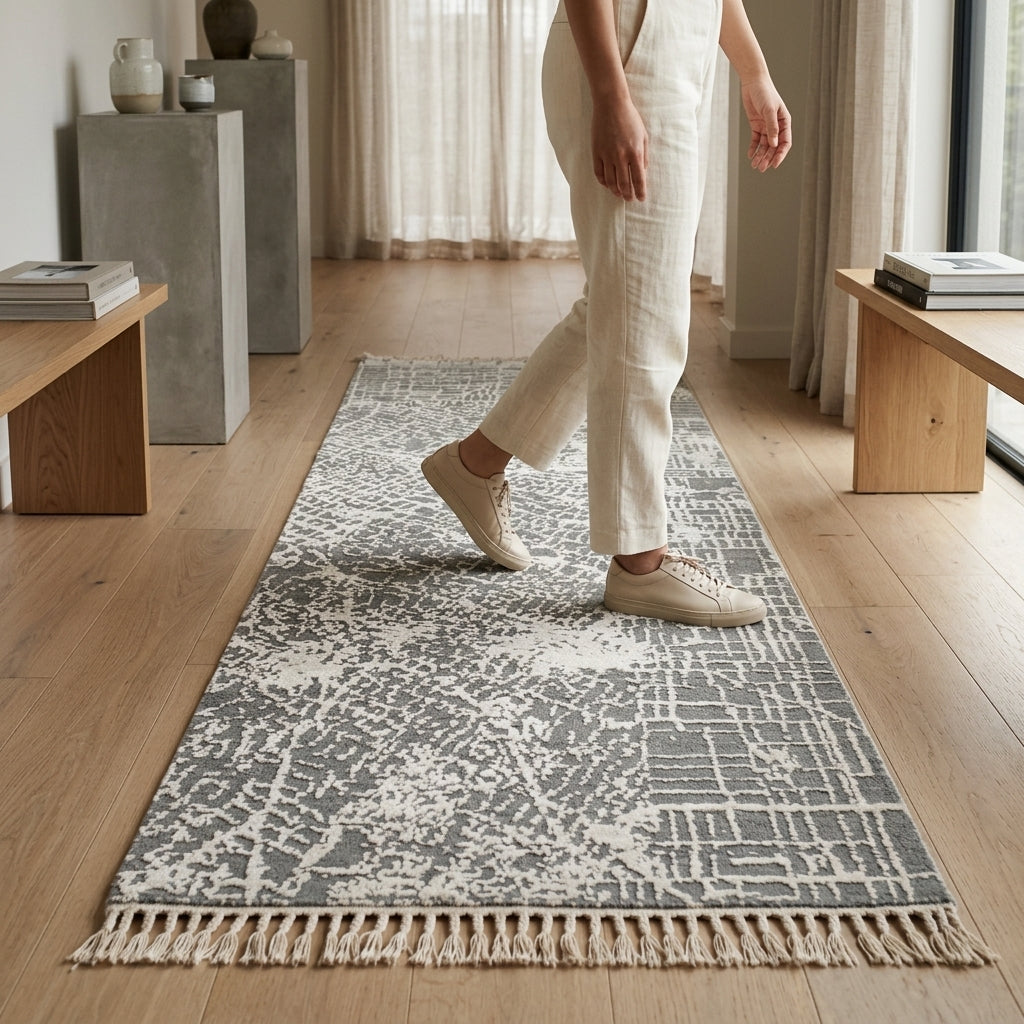 Wool Bamboo Silk Contemporary Rug – Handwoven Grey & Ivory Textured Design (2x3 ft)