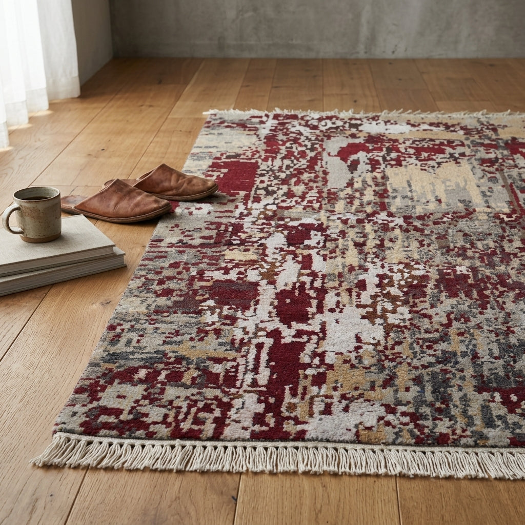 Wool Bamboo Silk Abstract Rug – Handwoven Textured Finish in Rust & Neutral Tones (2x3 ft)