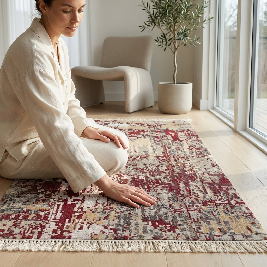 Wool Bamboo Silk Abstract Rug – Handwoven Textured Finish in Rust & Neutral Tones (2x3 ft)