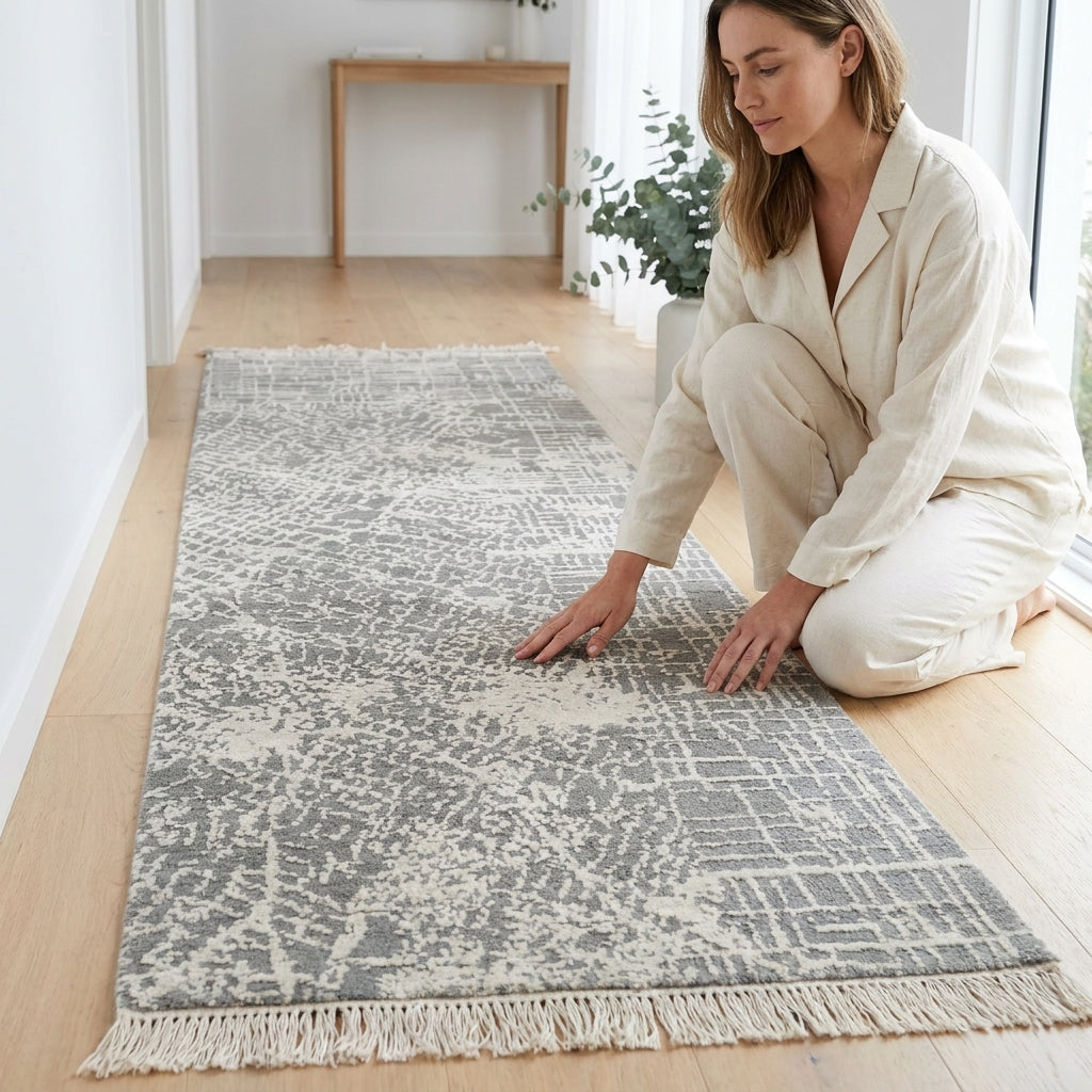 Wool Bamboo Silk Contemporary Rug – Handwoven Grey & Ivory Textured Design (2x3 ft)