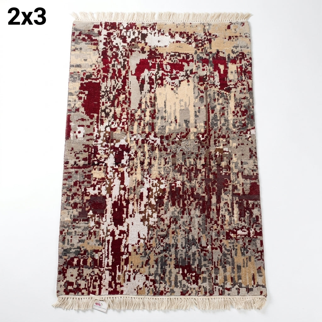 Wool Bamboo Silk Abstract Rug – Handwoven Textured Finish in Rust & Neutral Tones (2x3 ft)